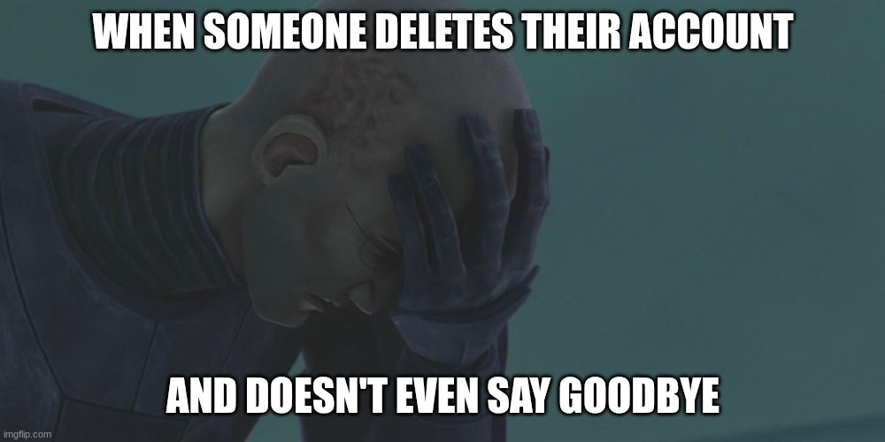 clone trooper | WHEN SOMEONE DELETES THEIR ACCOUNT; AND DOESN'T EVEN SAY GOODBYE | image tagged in clone trooper | made w/ Imgflip meme maker