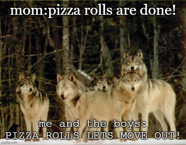 wolf pack | mom:pizza rolls are done! me and the boys: PIZZA ROLLS LETS MOVE OUT! | image tagged in wolf pack | made w/ Imgflip meme maker