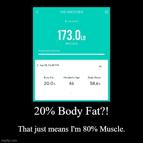 20% Body Fat?! | 20% Body Fat?! | That just means I'm 80% Muscle. | image tagged in funny,demotivationals,body fat,muscle,wyze | made w/ Imgflip demotivational maker