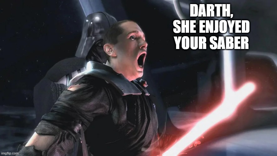Stabbed | DARTH, SHE ENJOYED YOUR SABER | image tagged in darth vader | made w/ Imgflip meme maker
