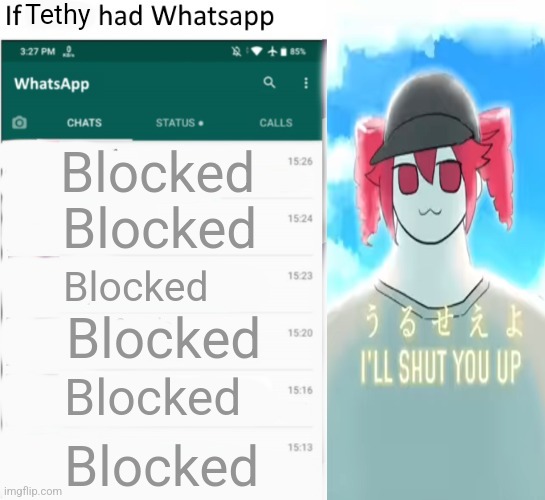 Why let my notifications be spammed if I'm not gonna use it | Tethy; Blocked; Blocked; Blocked; Blocked; Blocked; Blocked | image tagged in if x had whatsapp with text boxes | made w/ Imgflip meme maker