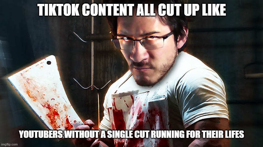 TikTokers are all cut up | TIKTOK CONTENT ALL CUT UP LIKE; YOUTUBERS WITHOUT A SINGLE CUT RUNNING FOR THEIR LIFES | image tagged in angry butcher | made w/ Imgflip meme maker