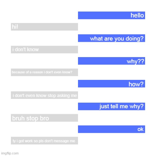 chat | hello; hi! what are you doing? i don't know; why?? because of a reason i don't even know? how? i don't even know stop asking me; just tell me why? bruh stop bro; ok; ty i got work so pls don't message me | image tagged in chat | made w/ Imgflip meme maker