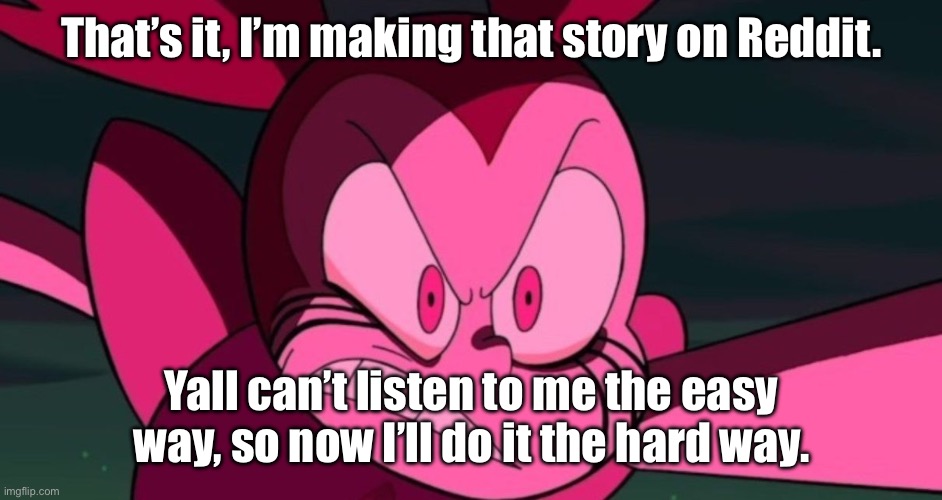 … | That’s it, I’m making that story on Reddit. Yall can’t listen to me the easy way, so now I’ll do it the hard way. | image tagged in mad spinel | made w/ Imgflip meme maker
