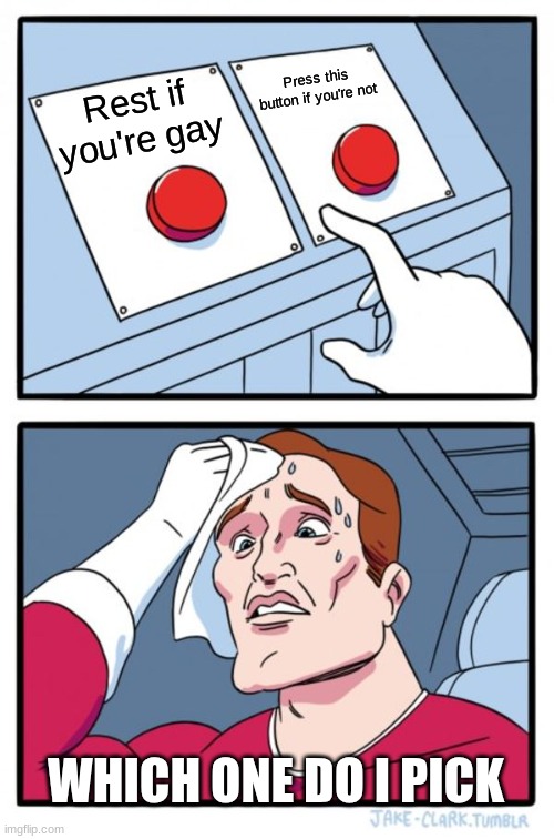 Two Buttons Meme | Rest if you're gay Press this button if you're not WHICH ONE DO I PICK | image tagged in memes,two buttons | made w/ Imgflip meme maker