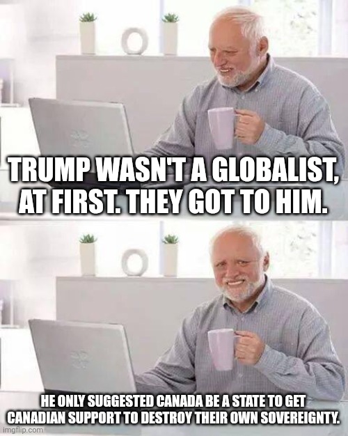 Hide the Pain Harold | TRUMP WASN'T A GLOBALIST, AT FIRST. THEY GOT TO HIM. HE ONLY SUGGESTED CANADA BE A STATE TO GET CANADIAN SUPPORT TO DESTROY THEIR OWN SOVEREIGNTY. | image tagged in memes,hide the pain harold | made w/ Imgflip meme maker