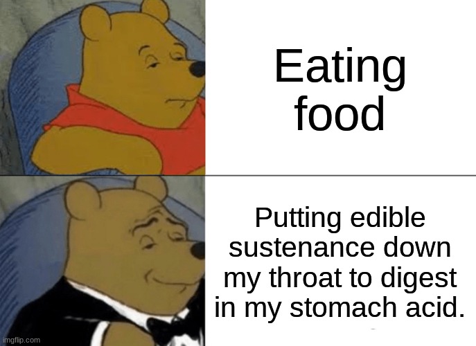 Tuxedo Winnie The Pooh | Eating food; Putting edible sustenance down my throat to digest in my stomach acid. | image tagged in memes,tuxedo winnie the pooh | made w/ Imgflip meme maker