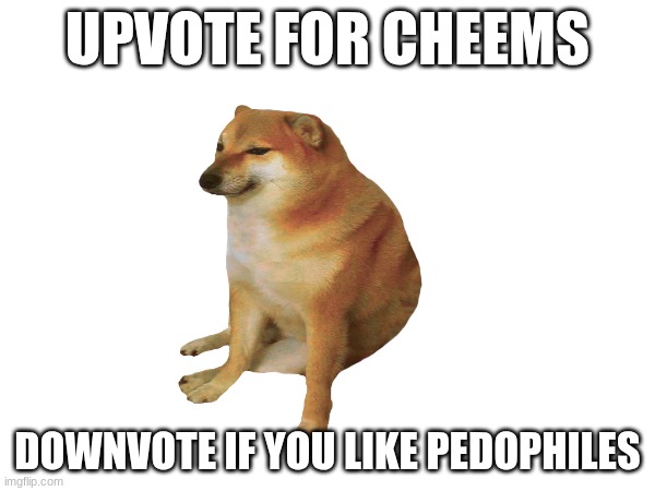 upvote for cheems downvote for pedophiles | UPVOTE FOR CHEEMS; DOWNVOTE IF YOU LIKE PEDOPHILES | image tagged in memes,funny,funny memes,drake hotline bling,change my mind | made w/ Imgflip meme maker