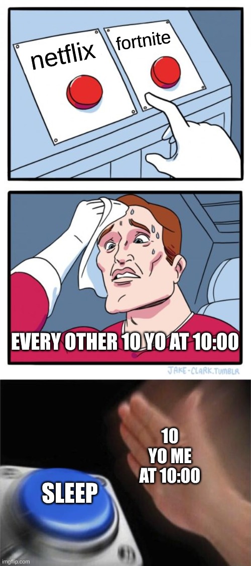fortnite; netflix; EVERY OTHER 10 YO AT 10:00; 10 YO ME AT 10:00; SLEEP | image tagged in memes,two buttons,blank nut button | made w/ Imgflip meme maker