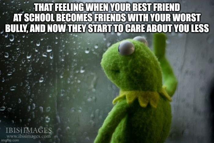 Sad | THAT FEELING WHEN YOUR BEST FRIEND AT SCHOOL BECOMES FRIENDS WITH YOUR WORST BULLY, AND NOW THEY START TO CARE ABOUT YOU LESS | image tagged in kermit window,school | made w/ Imgflip meme maker