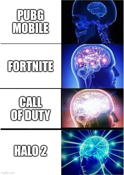 the last is the goat | PUBG MOBILE; FORTNITE; CALL OF DUTY; HALO 2 | image tagged in memes,expanding brain | made w/ Imgflip meme maker
