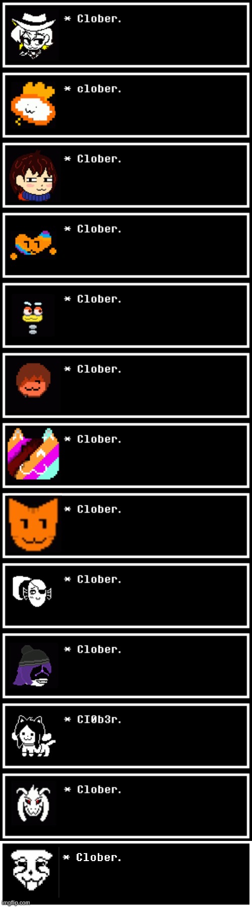 I think this is all the Clober sprites, although I may have missed some. This doesn't have any relation to any of the stories. | image tagged in undertale,clober,clober clober,clobercloberclobercloberclobercloberclober,sprite | made w/ Imgflip meme maker
