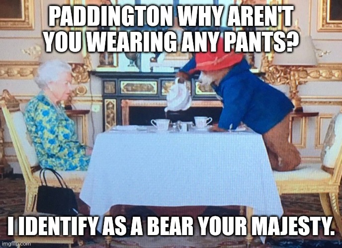 Queen and Paddington | PADDINGTON WHY AREN'T YOU WEARING ANY PANTS? I IDENTIFY AS A BEAR YOUR MAJESTY. | image tagged in queen and paddington | made w/ Imgflip meme maker