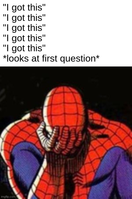 He cooked | "I got this"
"I got this"
"I got this"
"I got this"
"I got this"
*looks at first question* | image tagged in memes,sad spiderman,spiderman | made w/ Imgflip meme maker