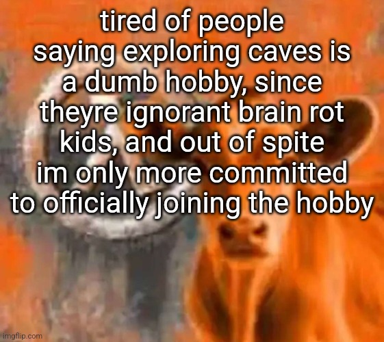 Calf-Life 1 | tired of people saying exploring caves is a dumb hobby, since theyre ignorant brain rot kids, and out of spite im only more committed to officially joining the hobby | image tagged in calf-life 1 | made w/ Imgflip meme maker
