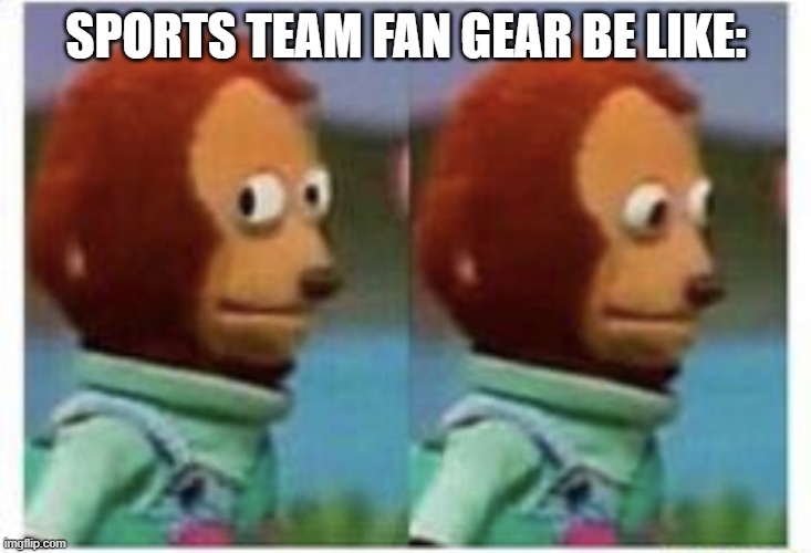 side eye teddy | SPORTS TEAM FAN GEAR BE LIKE: | image tagged in side eye teddy | made w/ Imgflip meme maker