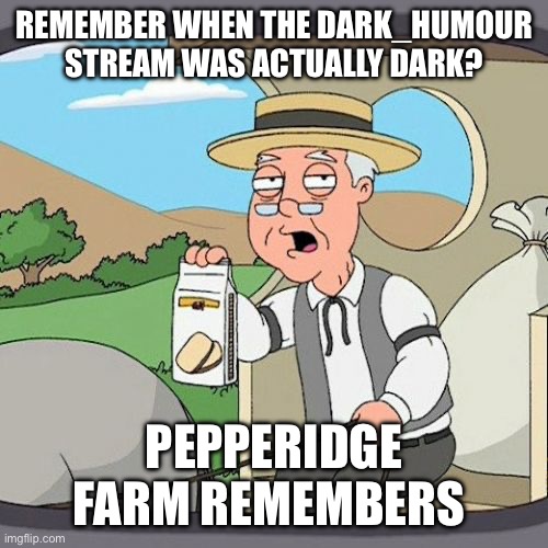Be that ray of darkness! | REMEMBER WHEN THE DARK_HUMOUR STREAM WAS ACTUALLY DARK? PEPPERIDGE FARM REMEMBERS | image tagged in memes,pepperidge farm remembers,funny,dark humor,stream | made w/ Imgflip meme maker