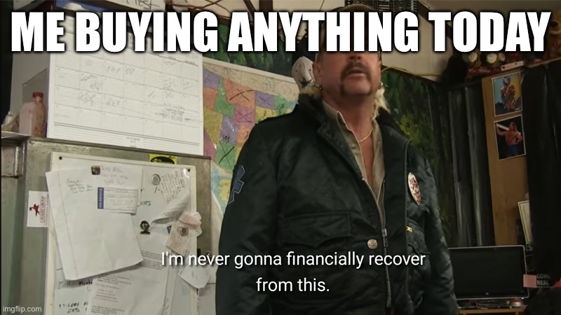 I'm never going to financially recover from this | ME BUYING ANYTHING TODAY | image tagged in i'm never going to financially recover from this,memes | made w/ Imgflip meme maker