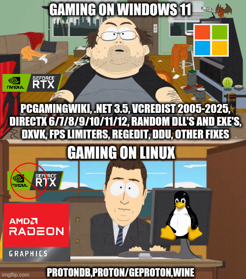 Gaming On Linux In 2025 be Like.. | GAMING ON WINDOWS 11; PCGAMINGWIKI, .NET 3.5, VCREDIST 2005-2025, DIRECTX 6/7/8/9/10/11/12, RANDOM DLL'S AND EXE'S,
DXVK, FPS LIMITERS, REGEDIT, DDU, OTHER FIXES; GAMING ON LINUX; PROTONDB,PROTON/GEPROTON,WINE | image tagged in linux,windows 11 | made w/ Imgflip meme maker