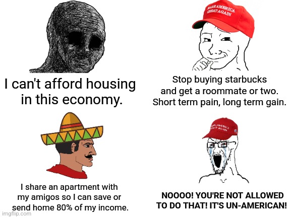 Blank White Template | Stop buying starbucks and get a roommate or two. Short term pain, long term gain. I can't afford housing 
in this economy. I share an apartment with 
my amigos so I can save or 
send home 80% of my income. NOOOO! YOU'RE NOT ALLOWED TO DO THAT! IT'S UN-AMERICAN! | image tagged in blank white template | made w/ Imgflip meme maker