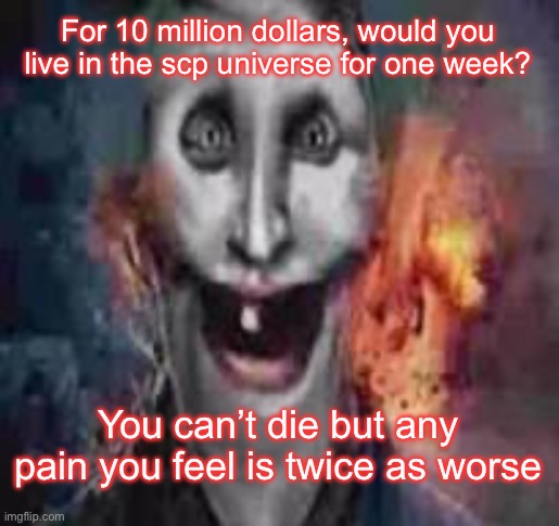 jonkler dumb | For 10 million dollars, would you live in the scp universe for one week? You can’t die but any pain you feel is twice as worse | image tagged in jonkler dumb | made w/ Imgflip meme maker