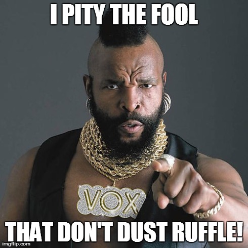 Mr T Pity The Fool | I PITY THE FOOL THAT DON'T DUST RUFFLE! | image tagged in memes,mr t pity the fool | made w/ Imgflip meme maker