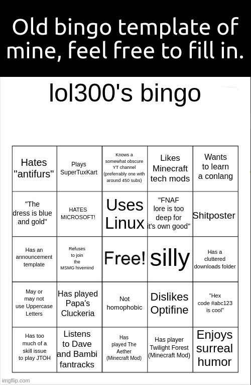 lol300's Bingo | Old bingo template of mine, feel free to fill in. | image tagged in lol300's bingo | made w/ Imgflip meme maker