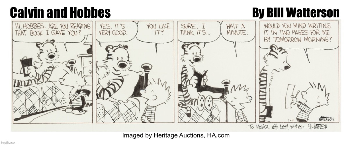 Hobbes probably does great book reports… | By Bill Watterson; Calvin and Hobbes | image tagged in calvin and hobbes,comics,book report | made w/ Imgflip meme maker