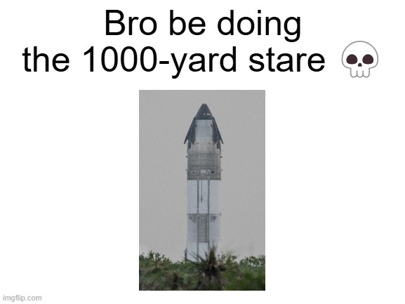 Why is it facing towards us ??? | Bro be doing the 1000-yard stare 💀 | image tagged in blank white template,thousand yard stare,starship | made w/ Imgflip meme maker