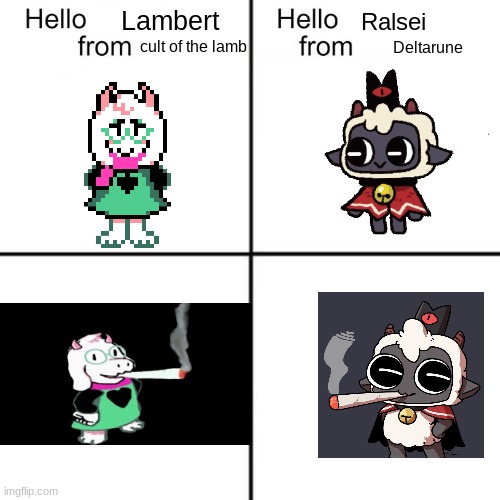 hello person from | Lambert; Ralsei; cult of the lamb; Deltarune | image tagged in hello person from,gaming,deltarune | made w/ Imgflip meme maker
