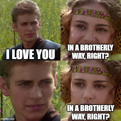 Fan fictions of adopted siblings | I LOVE YOU; IN A BROTHERLY WAY, RIGHT? IN A BROTHERLY WAY, RIGHT? | image tagged in anakin padme 4 panel,fandom,bruh | made w/ Imgflip meme maker