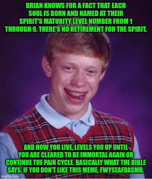 Funny | BRIAN KNOWS FOR A FACT THAT EACH SOUL IS BORN AND NAMED AT THEIR SPIRIT'S MATURITY LEVEL NUMBER FROM 1 THROUGH 9. THERE'S NO RETIREMENT FOR THE SPIRIT. AND HOW YOU LIVE, LEVELS YOU UP UNTIL YOU ARE CLEARED TO BE IMMORTAL AGAIN OR CONTINUE THE PAIN CYCLE. BASICALLY WHAT THE BIBLE SAYS. IF YOU DON'T LIKE THIS MEME, FWYSEAFDASMB. | image tagged in memes,bad luck brian,numbers,soul,maturity,level | made w/ Imgflip meme maker