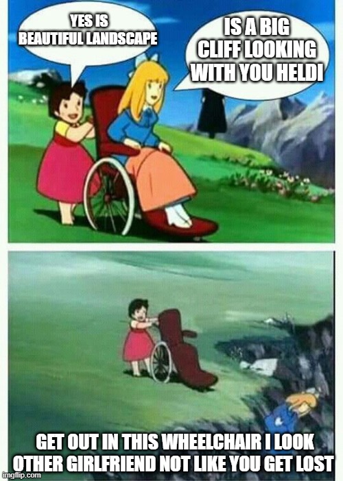 my friend toxic from one abyss of darkness | YES IS BEAUTIFUL LANDSCAPE; IS A BIG CLIFF LOOKING WITH YOU HELDI; GET OUT IN THIS WHEELCHAIR I LOOK OTHER GIRLFRIEND NOT LIKE YOU GET LOST | image tagged in wheelchair girl,abyss,toxic,friend,save,life | made w/ Imgflip meme maker