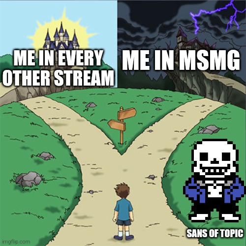 Two Paths | ME IN EVERY OTHER STREAM; ME IN MSMG; SANS OF TOPIC | image tagged in two paths | made w/ Imgflip meme maker