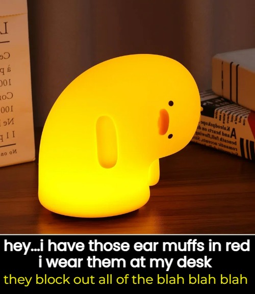 they block out all of the blah blah blah hey...i have those ear muffs in red
 i wear them at my desk | made w/ Imgflip meme maker
