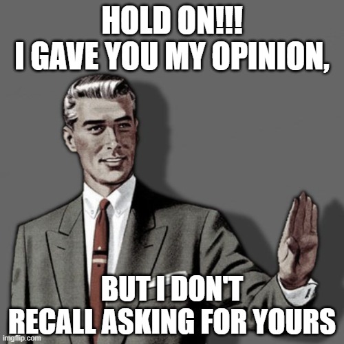 Correction Guy | HOLD ON!!!
I GAVE YOU MY OPINION, BUT I DON'T RECALL ASKING FOR YOURS | image tagged in correction guy,opinions | made w/ Imgflip meme maker