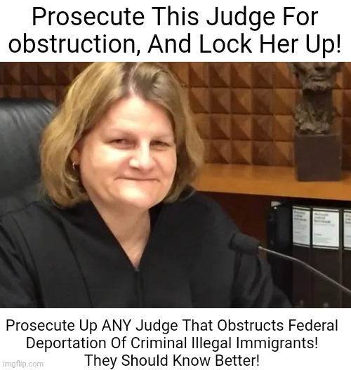 Judge Hannah Dugan | Prosecute This Judge For
obstruction, And Lock Her Up! Prosecute Up ANY Judge That Obstructs Federal
Deportation Of Criminal Illegal Immigrants!
They Should Know Better! | image tagged in judge hannah dugan | made w/ Imgflip meme maker