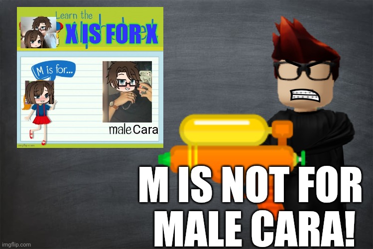 MC when he sees his creator's outdated scenarios: | M IS NOT FOR 
MALE CARA! | image tagged in mc,m is for male cara,male cara,moscovio may,x is for x | made w/ Imgflip meme maker