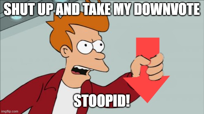 Shut Up and Take My Downvote | SHUT UP AND TAKE MY DOWNVOTE STOOPID! | image tagged in shut up and take my downvote | made w/ Imgflip meme maker
