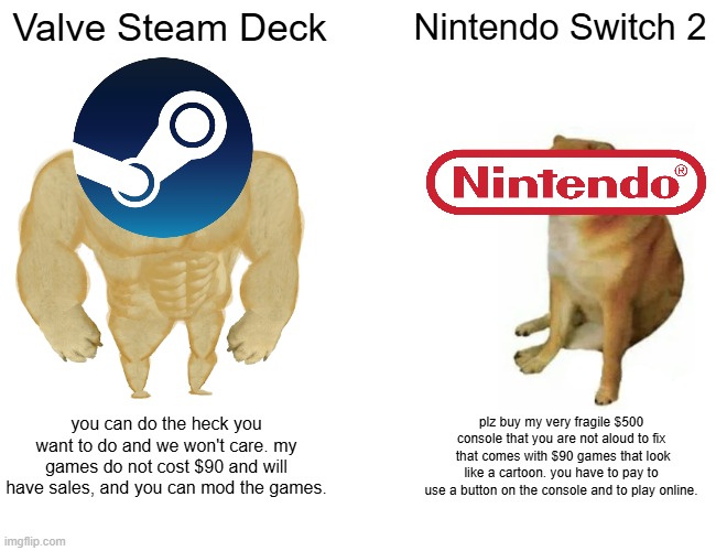 Valve Steam Deck Nintendo Switch 2 you can do the heck you want to do and we won't care. my games do not cost $90 and will have sales, and y | image tagged in memes,buff doge vs cheems | made w/ Imgflip meme maker