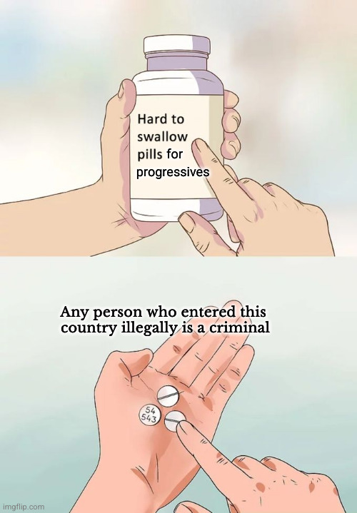 Progressives and the truth | for; progressives; Any person who entered this 
country illegally is a criminal | image tagged in hard to swallow pills,illegal immigration | made w/ Imgflip meme maker