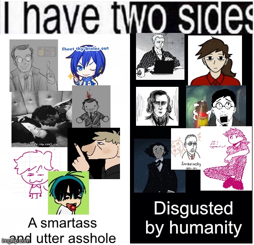 Ok doing it fr now | Disgusted by humanity; A smartass and utter asshole | image tagged in i have two sides | made w/ Imgflip meme maker