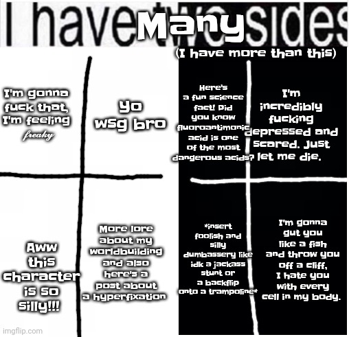 i have two sides | Many; (I have more than this); Here's a fun science fact! Did you know fluoroantimonic acid is one of the most dangerous acids? I'm incredibly fu‍cking depressed and scared. Just let me die. I'm gonna fu‍ck that, I'm feeling  𝓯𝓻𝓮𝓪𝓴𝔂; Yo wsg bro; Aww this character is so silly!!! I'm gonna gut you like a fish and throw you off a cliff, I hate you with every cell in my body. *insert foolish and silly dumbassery like idk a jackass stunt or a backflip onto a trampoline*; More lore about my worldbuilding and also here's a post about a hyperfixation | image tagged in i have two sides | made w/ Imgflip meme maker