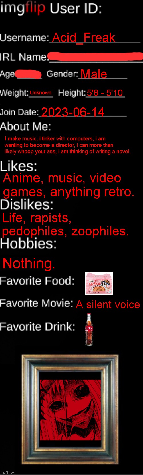 imgflip ID Card | Acid_Freak; Male; Unknown; 5'8 - 5'10; 2023-06-14; I make music, i tinker with computers, i am wanting to become a director, i can more than likely whoop your ass, i am thinking of writing a novel. Anime, music, video games, anything retro. Life, rapists, pedophiles, zoophiles. Nothing. A silent voice | image tagged in imgflip id card | made w/ Imgflip meme maker