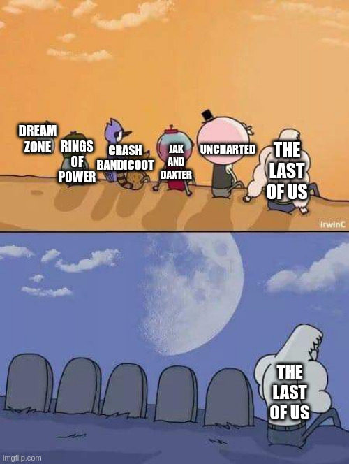 Naughty Dog | UNCHARTED; DREAM ZONE; THE LAST OF US; CRASH BANDICOOT; RINGS OF POWER; JAK AND DAXTER; THE LAST OF US | image tagged in regular show graves | made w/ Imgflip meme maker