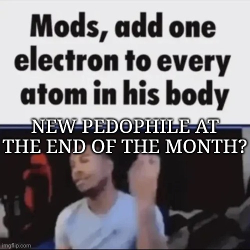 Mods, add one electron to every atom in his body | NEW PEDOPHILE AT THE END OF THE MONTH? | image tagged in mods add one electron to every atom in his body | made w/ Imgflip meme maker