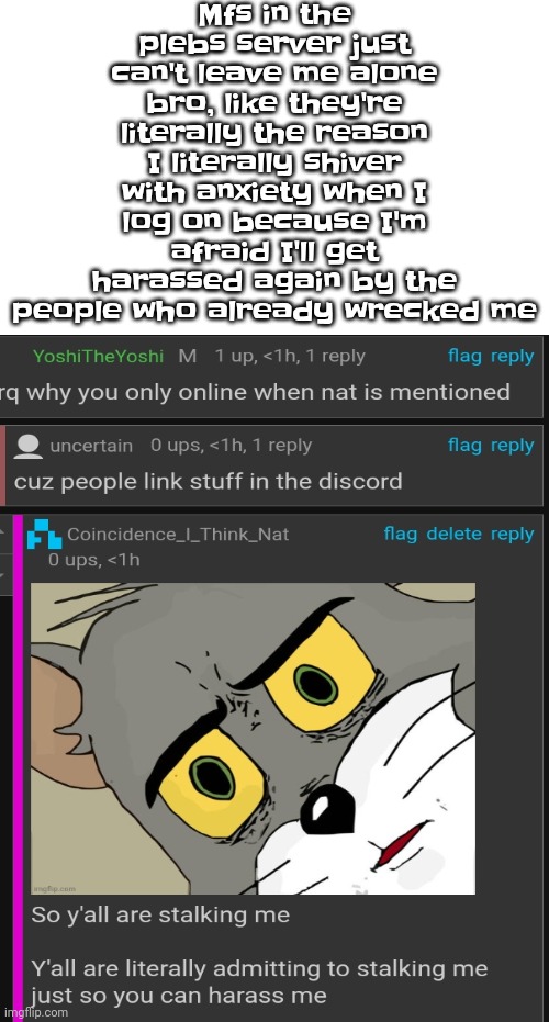 Deadass tho, everyone in the plebs server should just block me and move on, there's no need to make me feel constant fear | Mfs in the plebs server just can't leave me alone bro, like they're literally the reason I literally shiver with anxiety when I log on because I'm afraid I'll get harassed again by the people who already wrecked me | made w/ Imgflip meme maker
