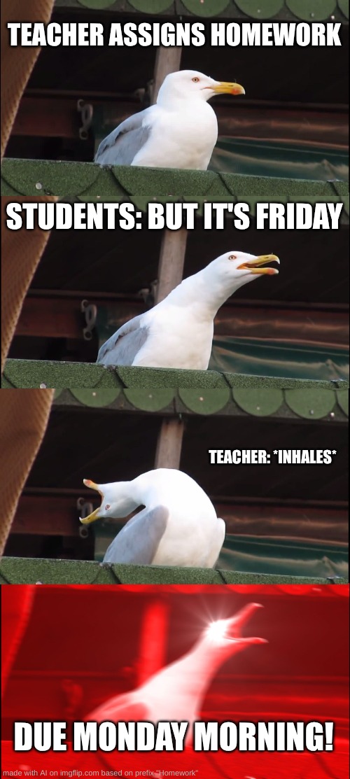 Average Homework assignment | TEACHER ASSIGNS HOMEWORK; STUDENTS: BUT IT'S FRIDAY; TEACHER: *INHALES*; DUE MONDAY MORNING! | image tagged in memes,inhaling seagull | made w/ Imgflip meme maker