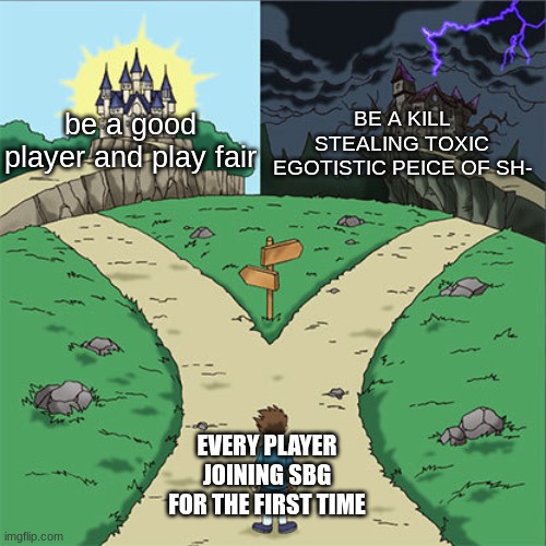 tough choice | BE A KILL STEALING TOXIC EGOTISTIC PEICE OF SH-; be a good player and play fair; EVERY PLAYER JOINING SBG FOR THE FIRST TIME | image tagged in two paths,roblox meme | made w/ Imgflip meme maker