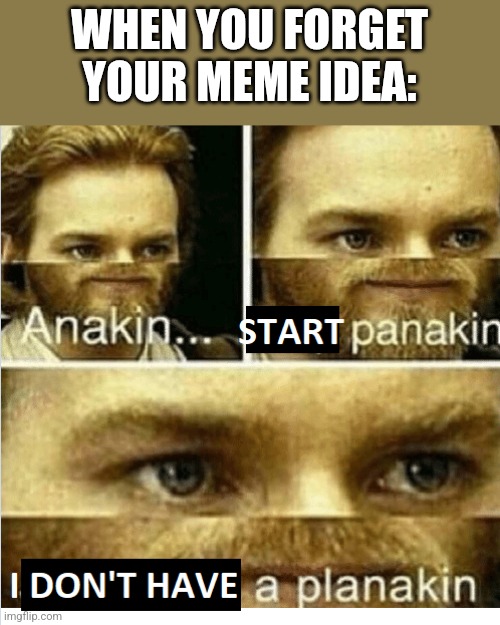 anakin, start panikin | WHEN YOU FORGET YOUR MEME IDEA: | image tagged in anakin start panikin | made w/ Imgflip meme maker